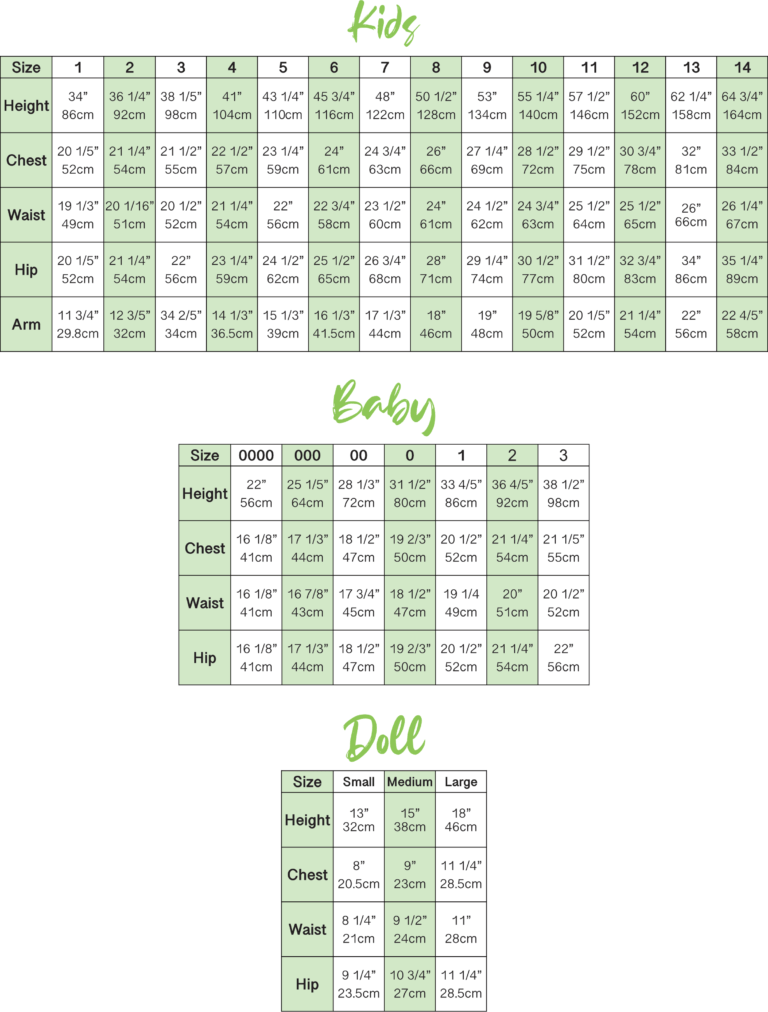 Sizing Charts Twine Tree Patterns